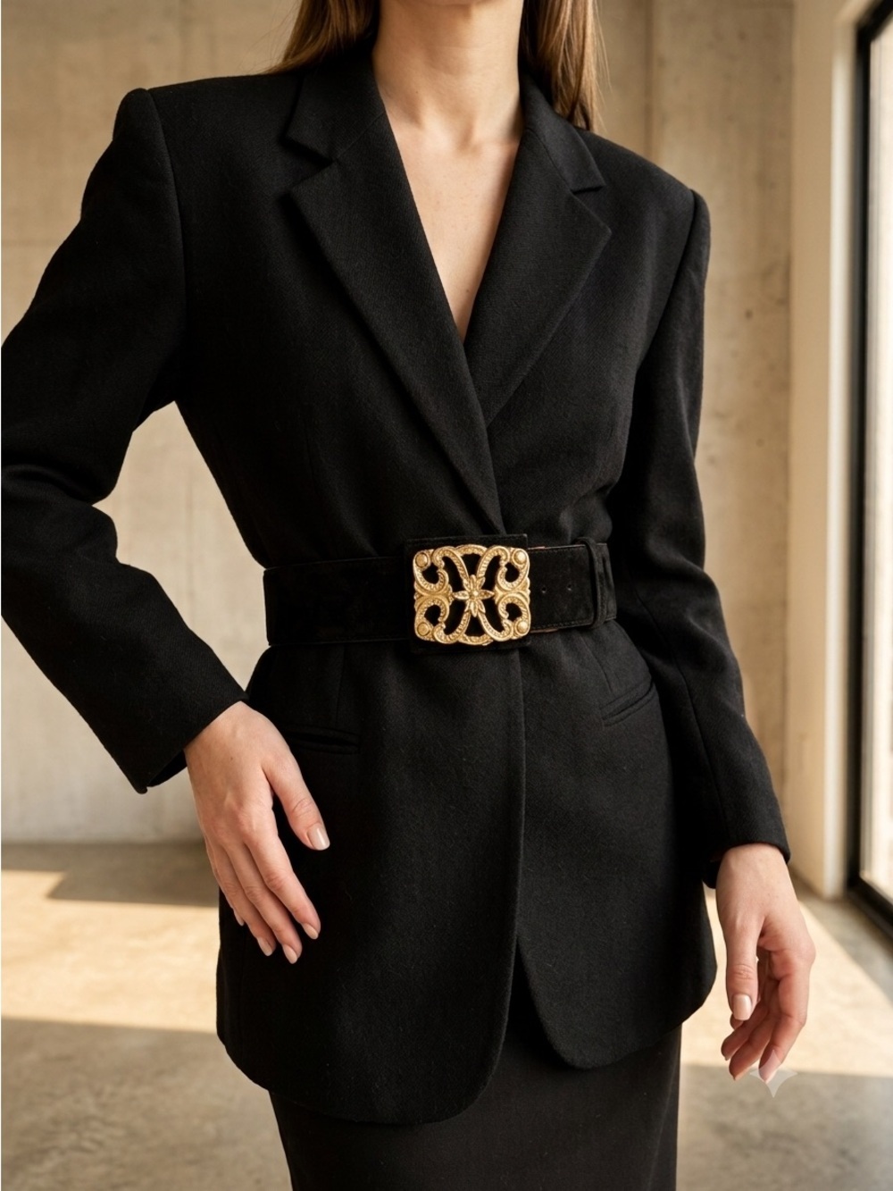 Vintage 80s Danier Black Suede Gold Buckle Statement Belt - XXS / XS